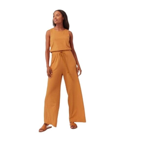 Pact The Portside Jumpsuit Large Organic Cotton Linen Wide Leg Mustard Orange - Picture 1 of 7